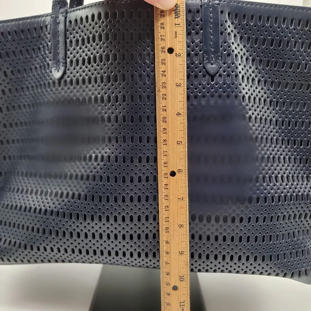 Brooks Brothers Navy Perforated Laser Cut Leather Tote Shoulder Purse Bag